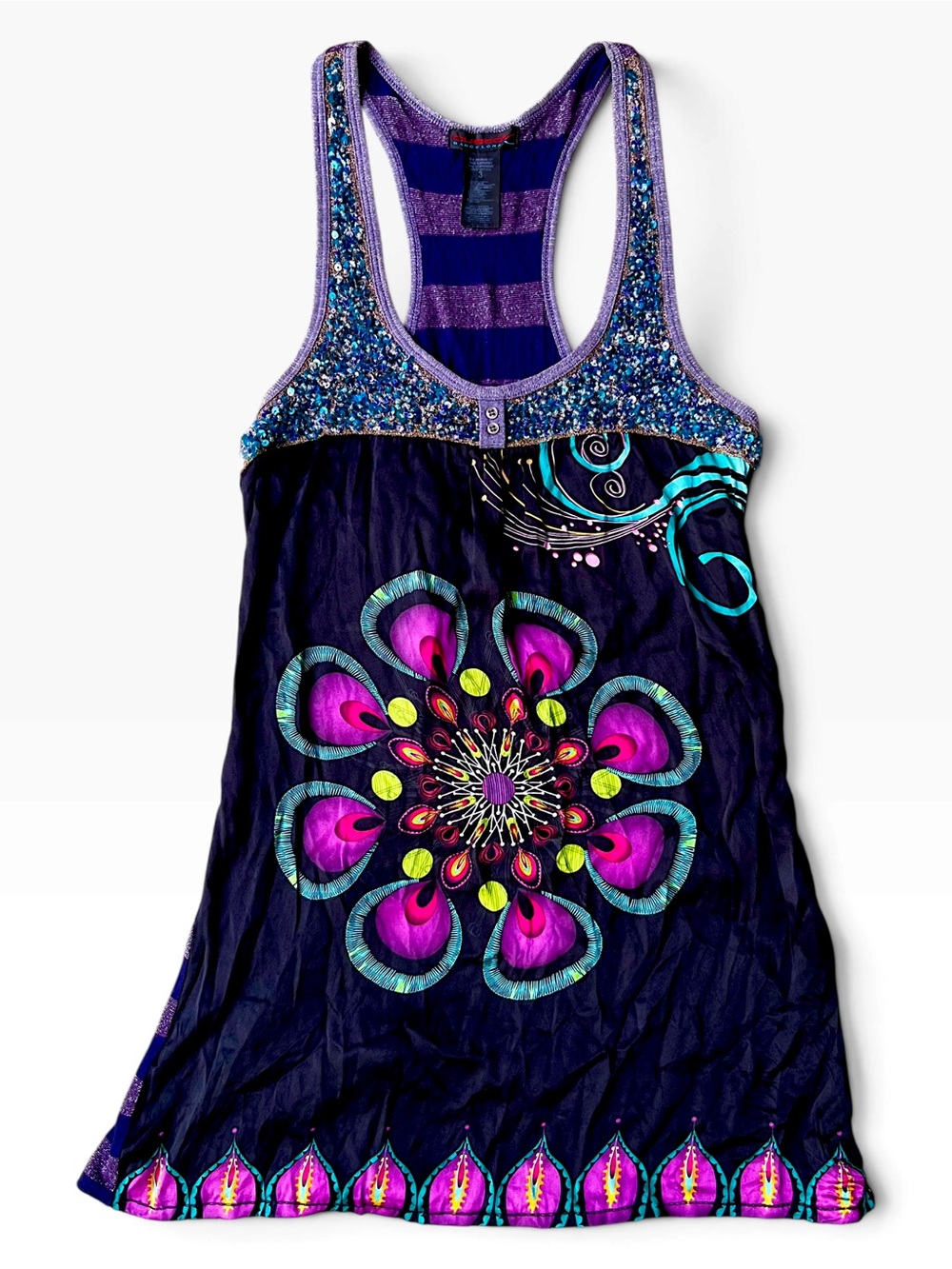 Custo Barcelona Vintage Y2K Silk Sequin Beaded Mandala Tunic Mini Dress SZ S
